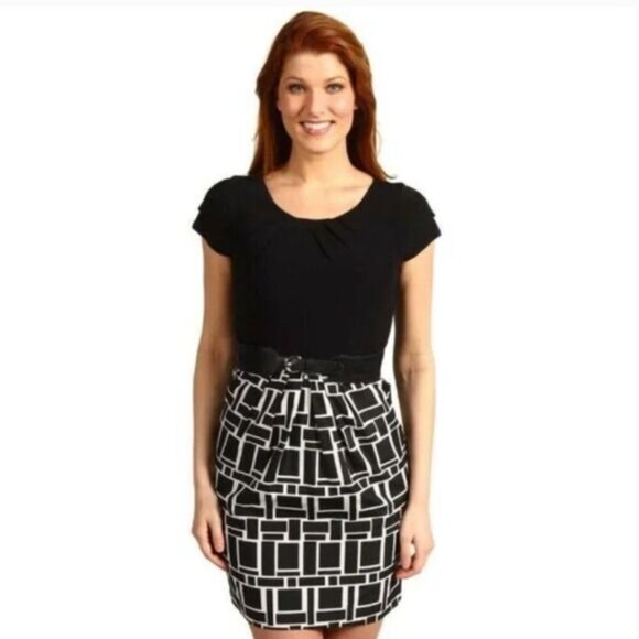 MAX & CLEO / Mixed Media Defined Waist Dress w/ Pockets Geometric Pattern B&W 8 - Picture 2 of 15